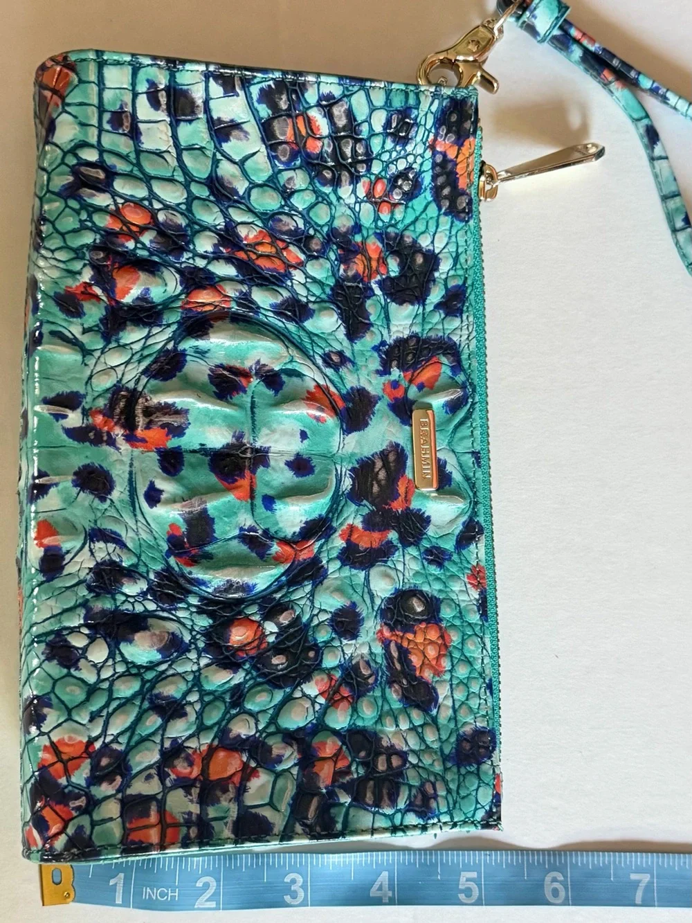 Brahmin Melbourne Daisy Lg Zip Wristlet Frisky Blue Orange Croc Embossed Leather